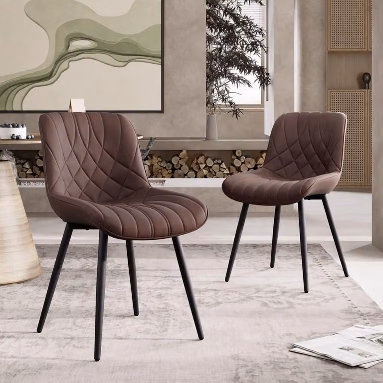 Set di 2 sedie da pranzo, ecopelle marrone, gambe in legno, design moderno