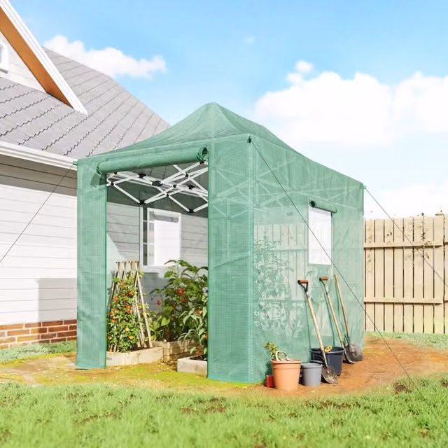Serra pop-up pieghevole WISHDOR con tetto a punta, porte e finestrini avvolgibili, verde, L 295 cm x P 200 cm x H 270 cm