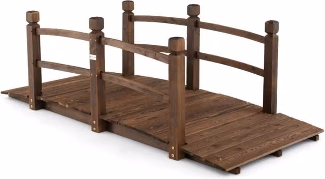 Ponte ad arco decorativo in legno marrone per giardino con ringhiere di sicurezza e portata 180kg