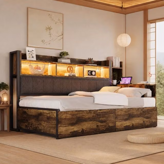 Letto singolo multifunzione 90x200 cm in ferro con tavolo estraibile, ampi cassetti, ripiani, prese integrate e illuminazione LED, finitura colori bianco e legno