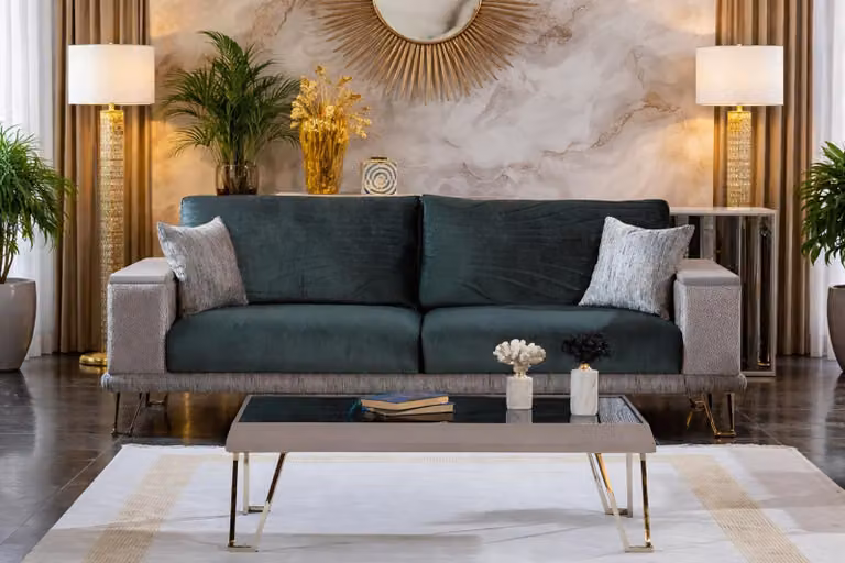 Elegante divano imbottito verde per soggiorno, tavolino esclusivo, set da 2 pezzi
