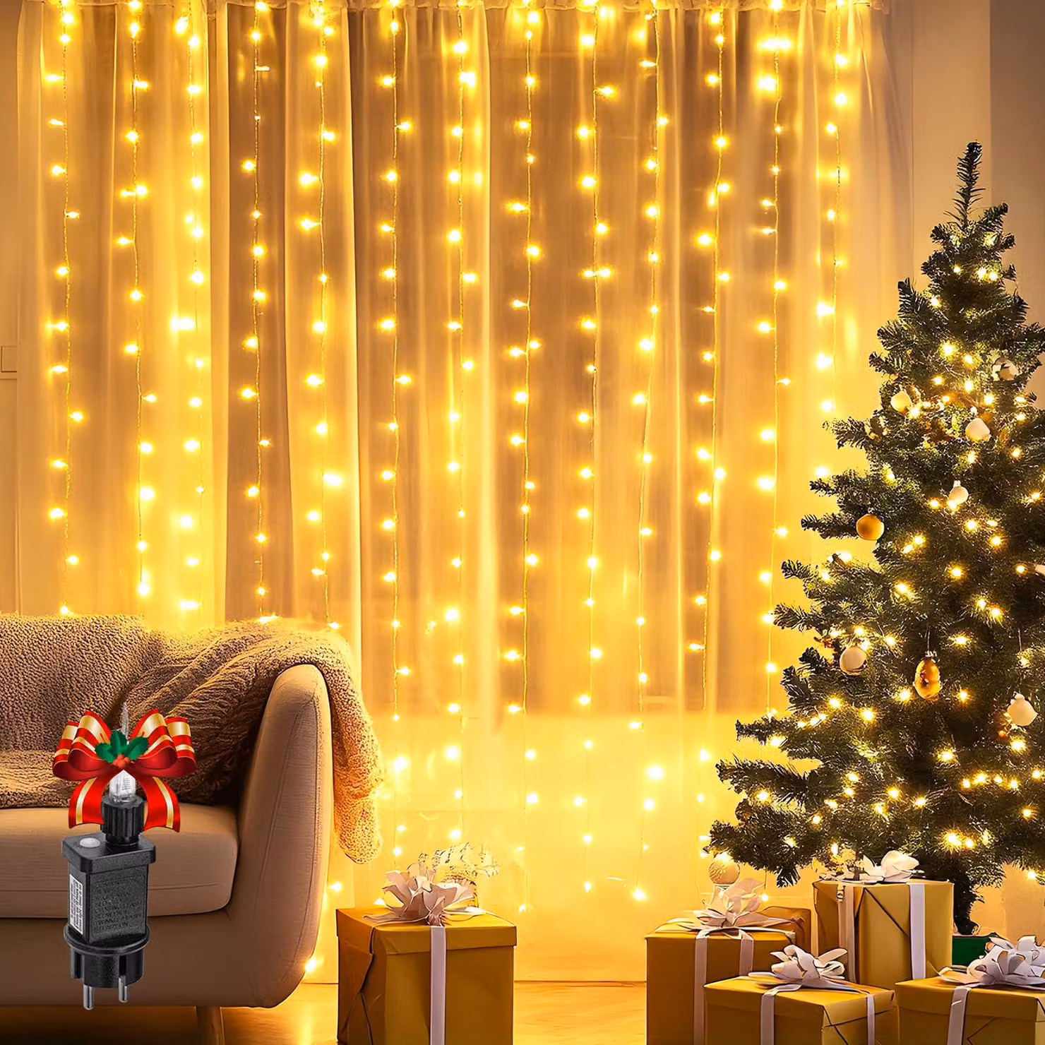 Tenda luminosa a LED, 1x1 metro, 100 LED, 8 modalità, grado di protezione IP44, timer, luce bianco caldo