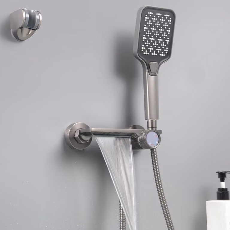 Miscelatore per vasca con doccetta, miscelatore per vasca a cascata, rubinetto, set da bagno, ottone, grigio