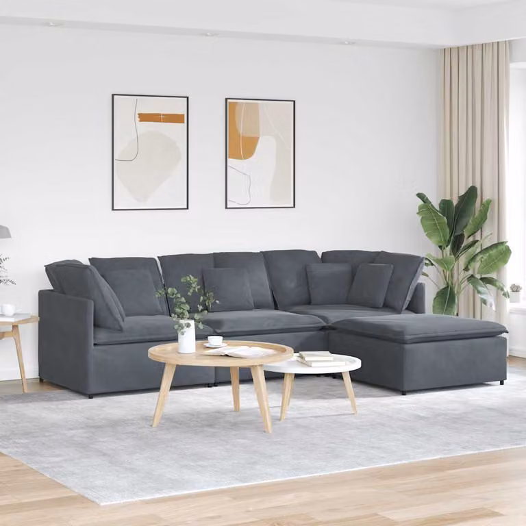vidaXL Divano Modulare a L in Velluto Grigio con Poggiapiedi e Cuscini