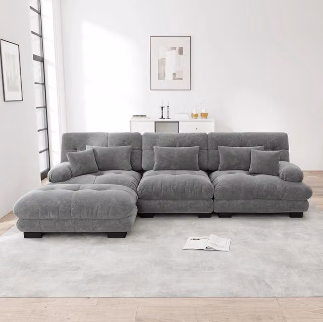Divano modulare con ottomane mobili in ciniglia grigia 313×145×81 cm