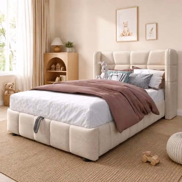 Letto per bambini imbottito 90 × 200 cm con contenitore e testiera in lino beige struttura in metallo
