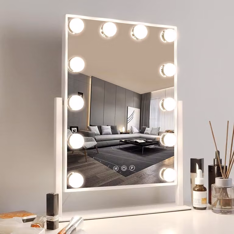 ZELURXX Specchio, con 12 LED, 3 modalità di colore, touchscreen, ruotabile a 360°, specchio per il trucco con illuminazione, per il make-up, camera da letto, 35,5 x 47 cm, bianco