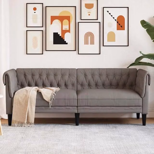 Divano Chesterfield a 3 Posti-Sofa 3 Posti-Divanetto Tortora in Tessuto