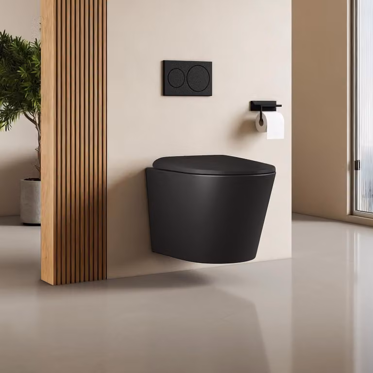 WC sospeso EMKE in ceramica a doppio foro con risciacquo a risparmio idrico, con scarico diretto e coperchio a chiusura ammortizzata, a bassa rumorosità, nero opaco