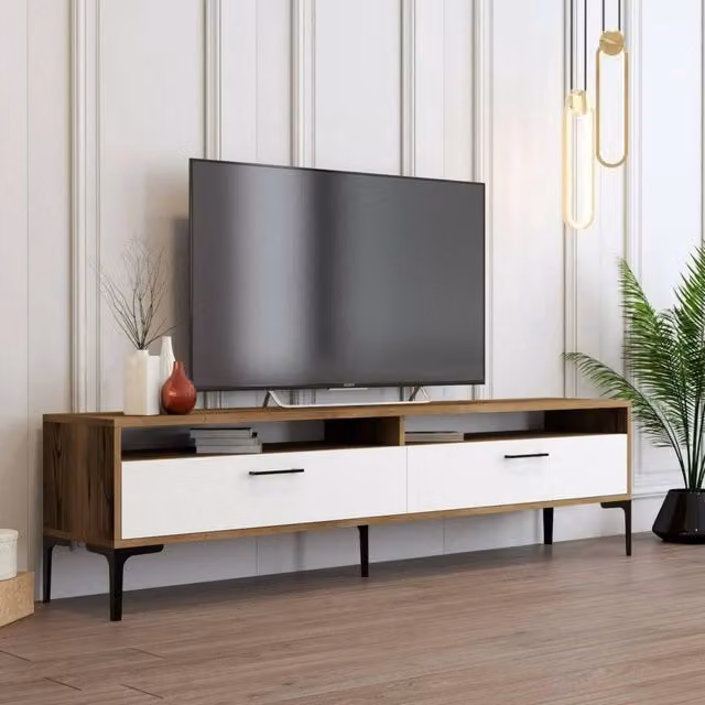 Mobile porta TV DMORA Angiari, Credenza da soggiorno moderna in legno, L: 180 cm, P: 47 cm, H: 35 cm, Noce e Bianco – 1