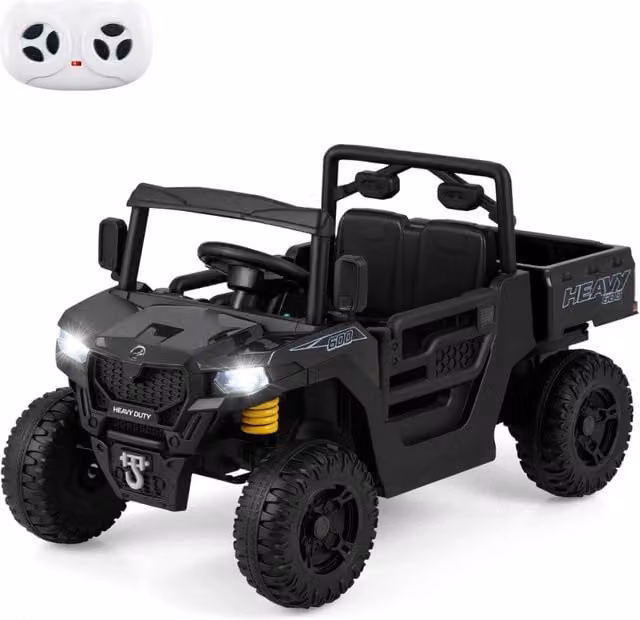 Camion ribaltabile elettrico 12V con telecomando e sospensione a molla, Giocattolo elettrico per bambini da 3 a 8 anni Nero