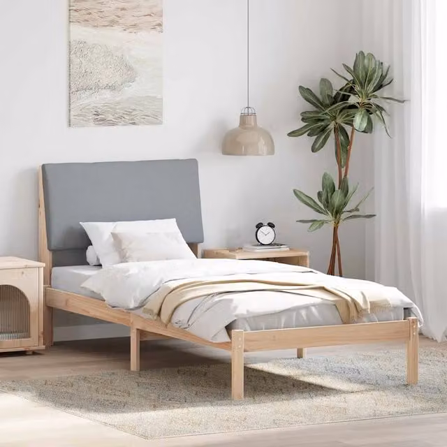 Struttura Letto Moderno vidaXL in Legno di Pino con Tessuto Marrone e Grigio, L/P/H: 100 x 200 x 93,5 cm – 1