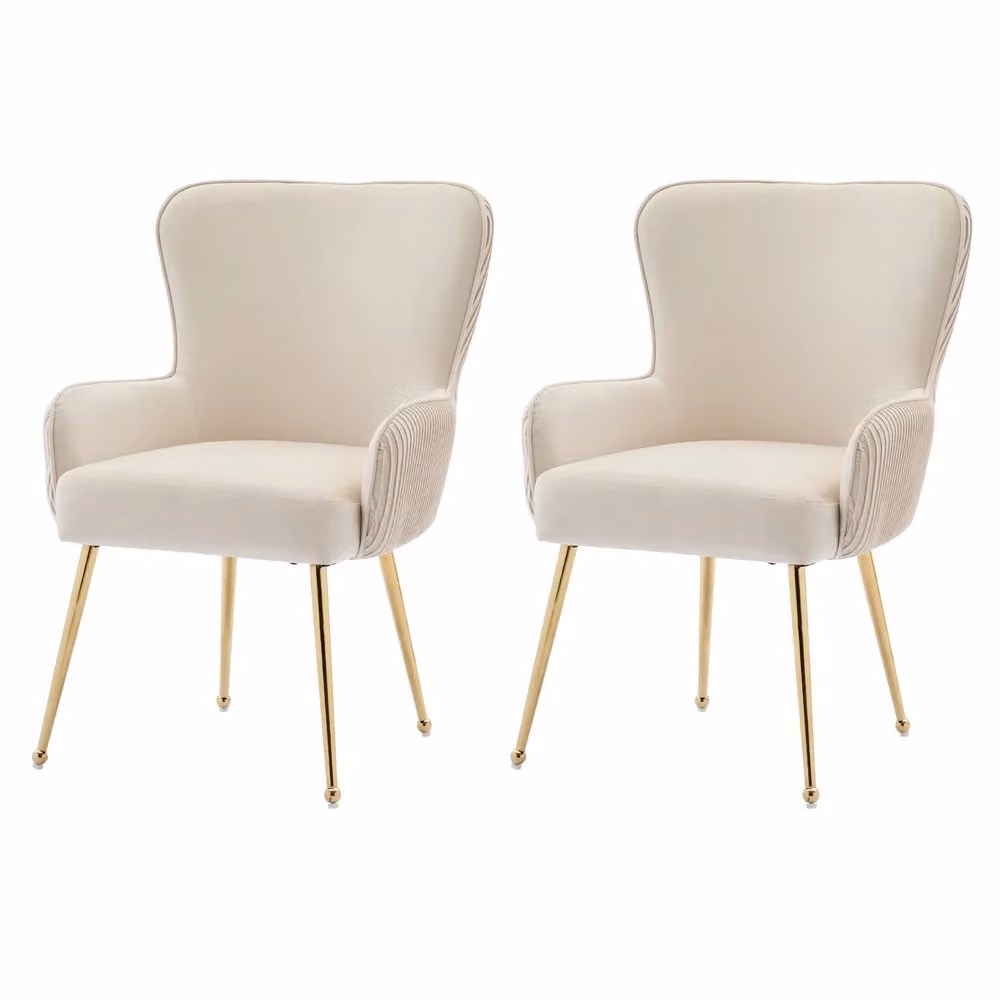 Set di 2 sedie da pranzo Minimal in velluto beige con braccioli e gambe in metallo dorato – 2