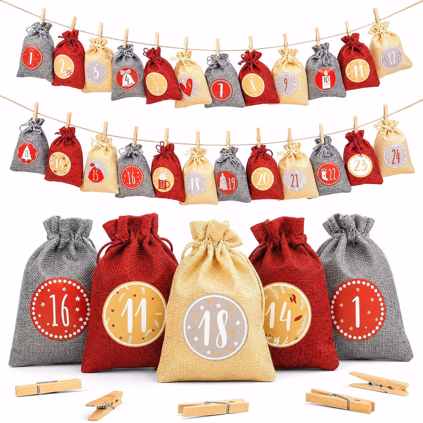 Calendario dell'Avvento da riempire, composto da 24 sacchetti di juta, dimensioni 20x15 cm, con graffette in legno