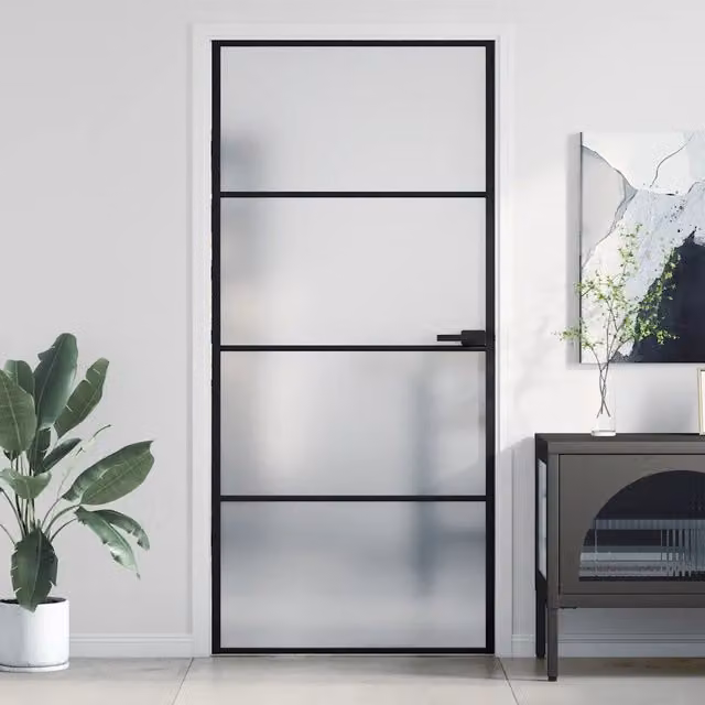 Porta Interna Reversibile vidaXL Modern in Alluminio e Vetro Temperato, Colore Nero, L: 93 cm, H: 201,5 cm