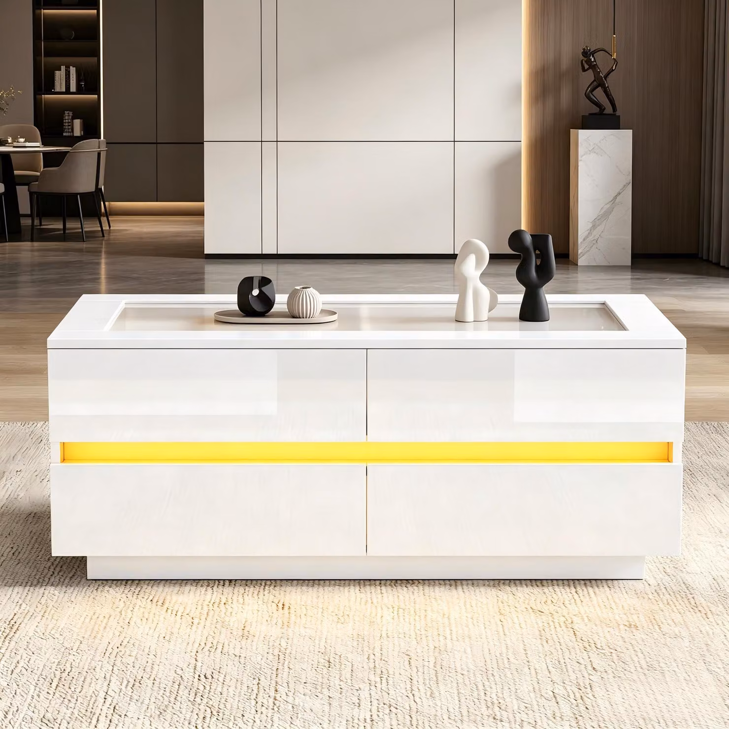 Tavolino bianco okwish con piano in vetro temperato e illuminazione LED, mobile contenitore con quattro cassetti, frontali lucidi, ideale per il soggiorno