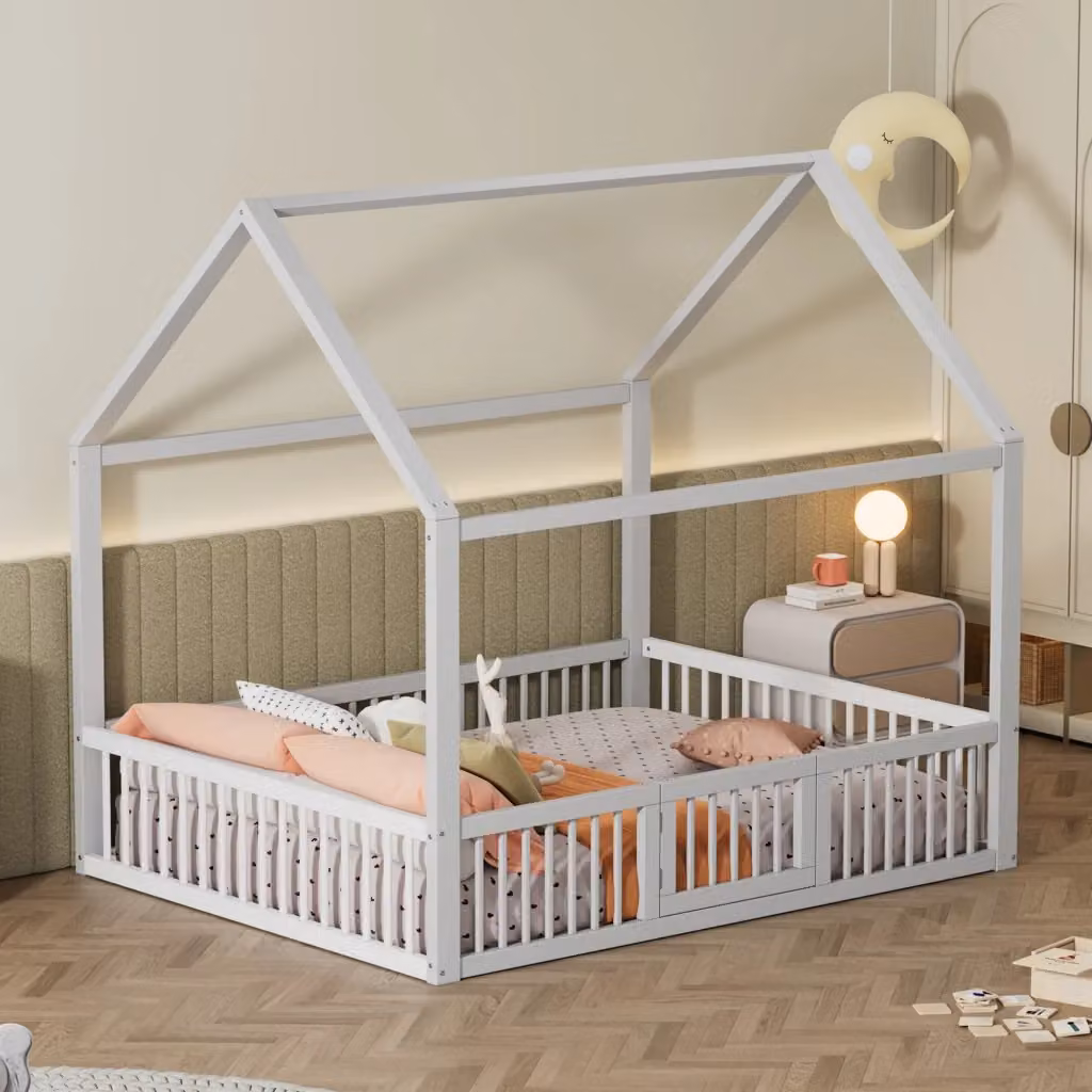 Letto a Casetta Matrimoniale Chicfurn in Pino e MDF Bianco L/P/H: 140 x 200 x 120 cm – 2