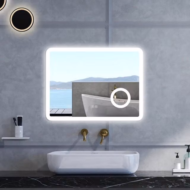 Specchio da bagno Rettangolare con 80x60cm,ingranditore 3x,Blue tooth,3 colori,Memoria, Antifog,Regorabile,Retroilluminato,doppio interruttore,