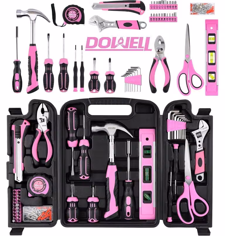 Set di attrezzi da lavoro per donna, 123 pezzi, colore rosa, con custodia