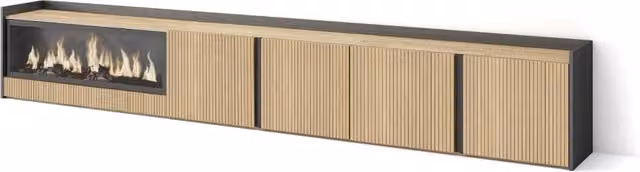Mobile TV per soggiorno SKRAUT HOME con camino elettrico XXL, Rovere e Nero, L: 315 cm, P: 50 cm, H: 35 cm – 1