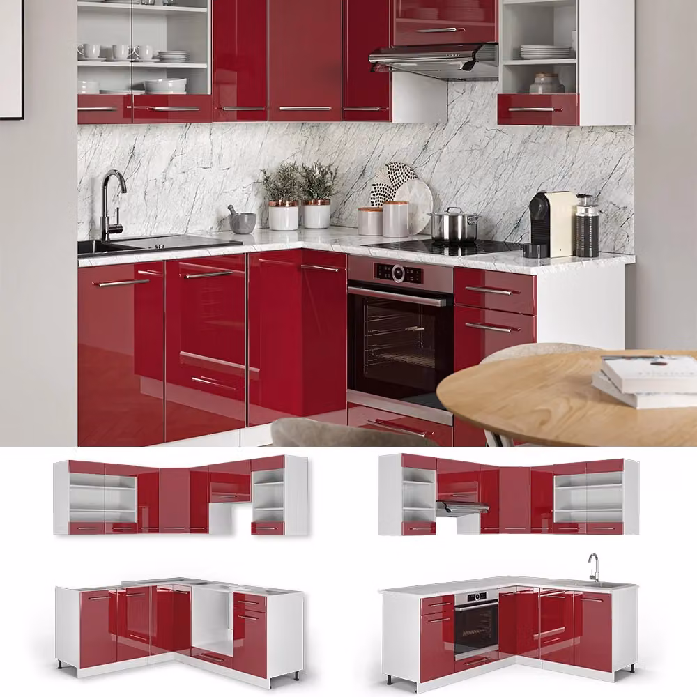 Cucina angolare moderna Vicco Fame-Line bordeaux lucido e bianco senza piano di lavoro – 2