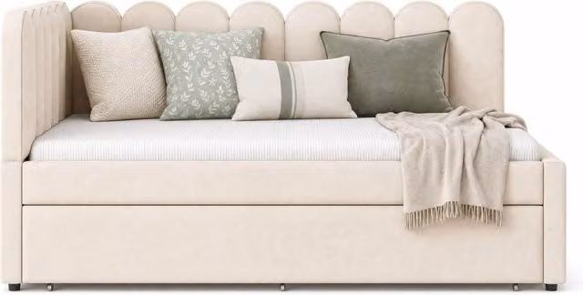 Divano letto a L 140x200 cm con letto estraibile; schienale a petalo in velluto beige