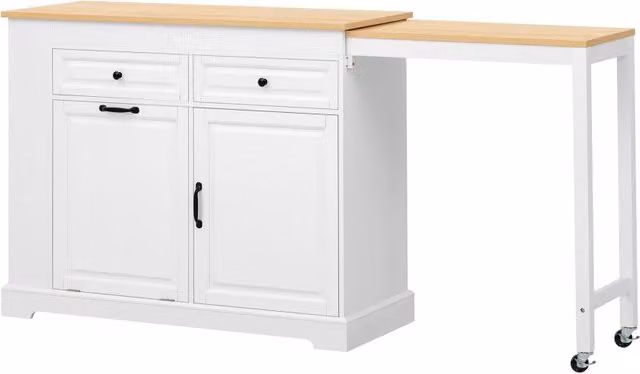 Carrello da cucina moderno in legno MDF bianco con piano estraibile, vano pattumiera, 2 cassetti e ripiani laterali, L: 112-180 cm, P: 45 cm, H: 92 cm
