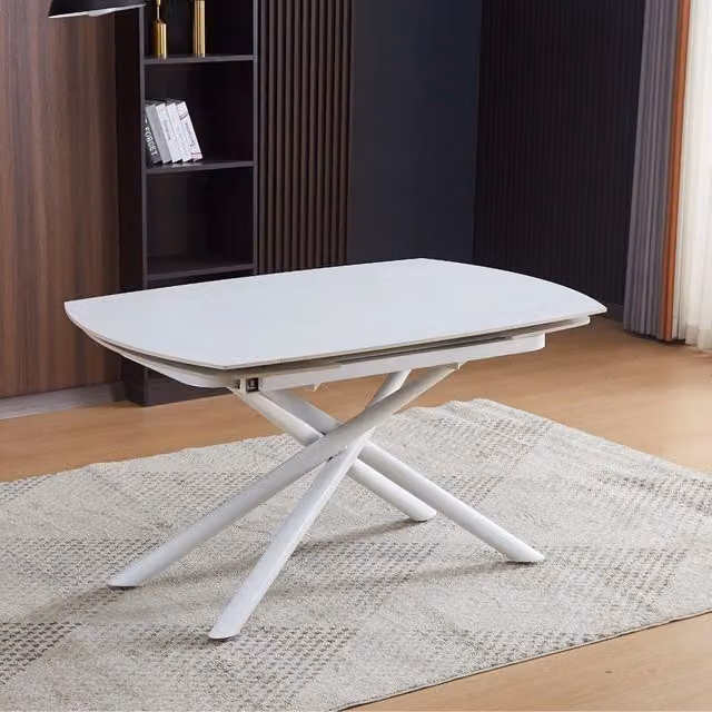 Tavolo girevole automatico allungabile Astrid con piano in ceramica bianco opaco con gambe colore bianco