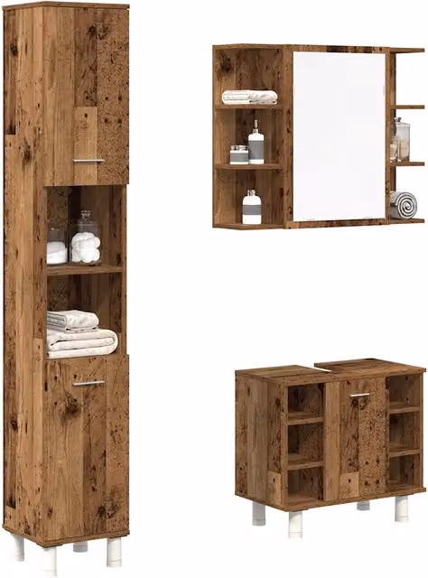 Set di mobili da bagno vidaXL in legno color marrone antico composto da 3 pezzi con armadietto specchio, mobile lavabo e colonna alta