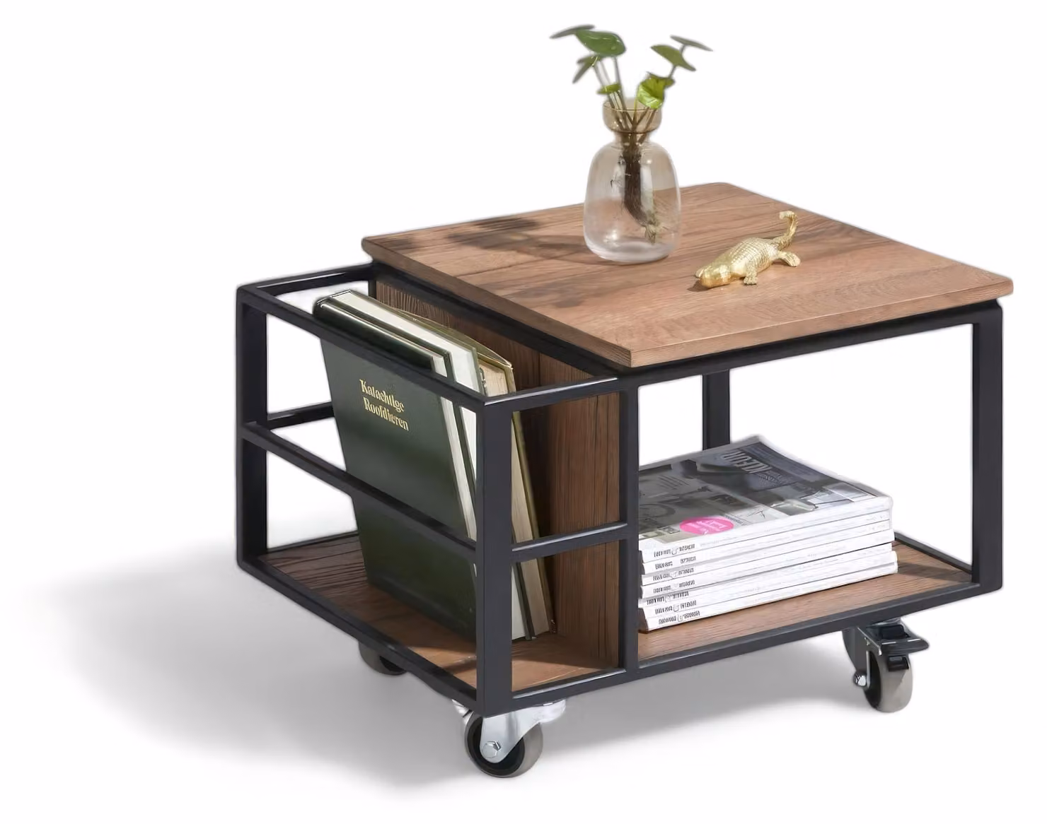 Tavolino con ripiano e spazio di archiviazione, con piano in legno e struttura in metallo