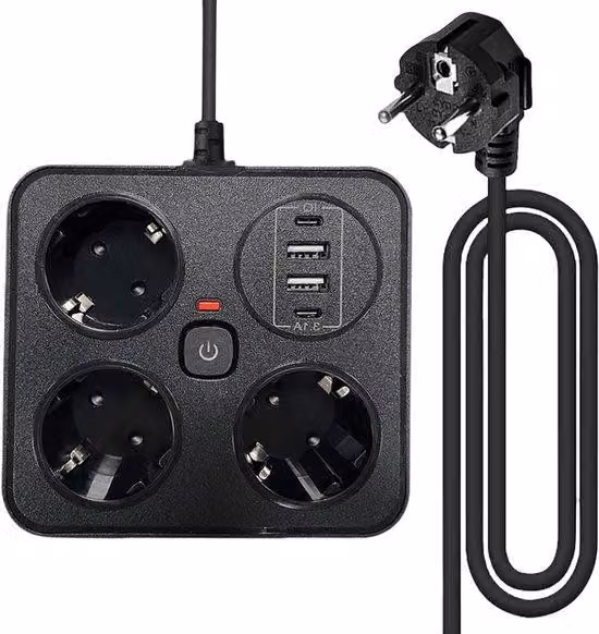 Presa tripla con 2 porte USB, interruttore e cavo a spirale da 2 m