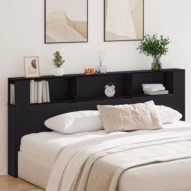 Testata del letto moderna vidaXL in legno ingegnerizzato color rovere nero con ripiano integrato L: 220 cm, H: 102,5 cm, P: 26,7 cm