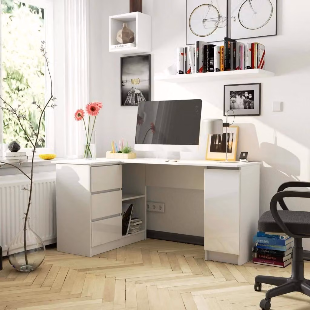 Scrivania angolare SILAN - bianco / bianco lucido, versione sinistra