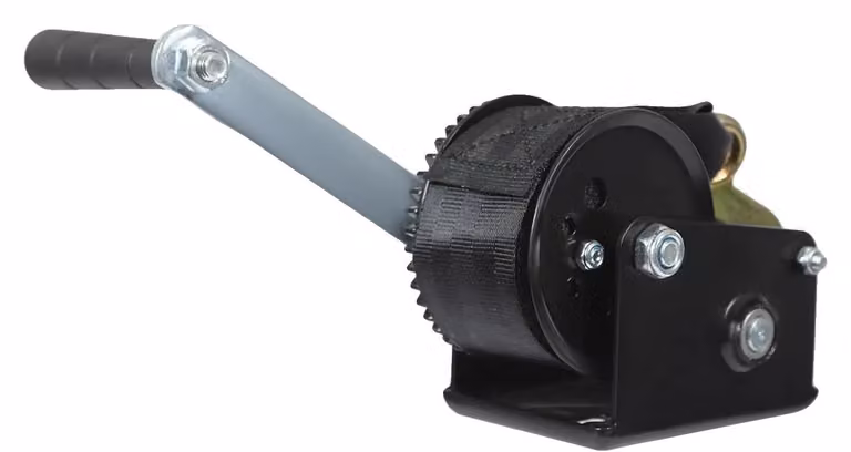 Argano manuale, forza di trazione massima 360 kg, lunghezza della cinghia 5 m, larghezza della cinghia 50 mm, rapporto di trasmissione 3,2:1, dimensioni 8,3*11,7*15 cm