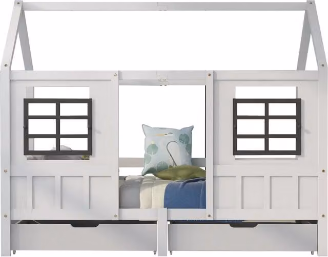 Letto casetta per bambini 90 x 200 cm con 2 cassetti; finestre e sponde; struttura in pino e MDF; bianco