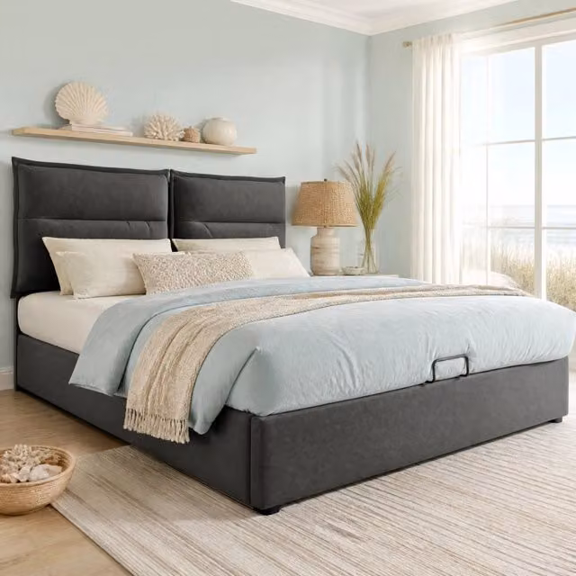 Letto imbottito con contenitore 140x200 cm; testiera regolabile; velluto grigio