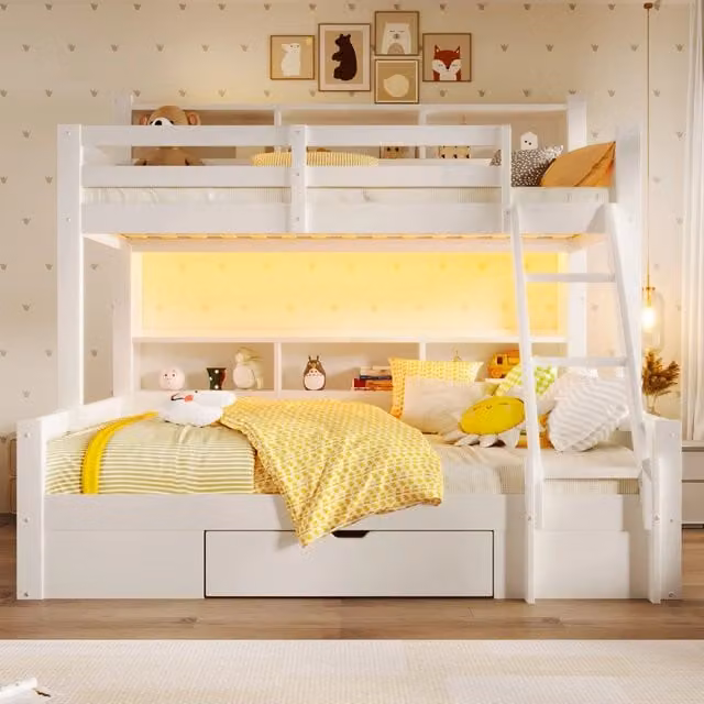 Letto a castello 90x200 e 140x200 cm con cassetto e LED; in pino; MDF e compensato; bianco per cameretta