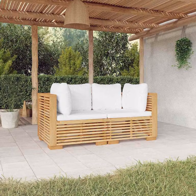 Set di 2 Divani Angolari da Giardino vidaXL in Legno di Teak con Cuscini Imbottiti Moderni Marrone e Bianco