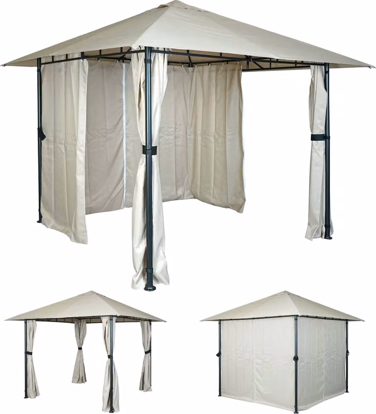 Pergola HWC-J63, copertura per patio a padiglione con parete laterale, 3x3 m ~ crema-beige