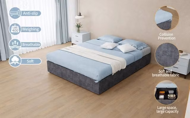 Letto a piattaforma imbottito con pistoni a gas e testiera bassa, velluto olandese, grigio, 140x200 cm, senza materasso