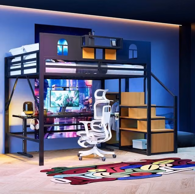 Letto a soppalco 140x200 cm con scala contenitore e mensola integrata; in metallo e MDF; nero