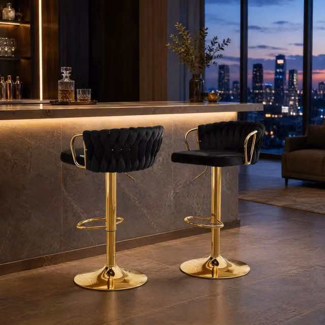 Set di 2 sgabelli da bar in velluto nero con struttura metallica, altezza regolabile, 49,5x50,5x98 cm