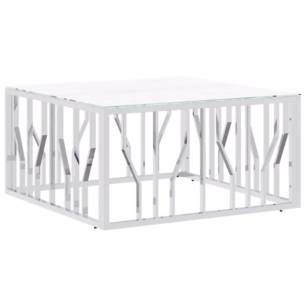 Tavolino da salotto moderno vidaXL in vetro e metallo argento e bianco L/P/H: 80 x 80 x 40 cm – 2