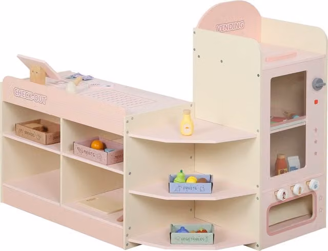 AIYAPLAY Supermercato Giocattolo in Legno con Cassa Distributore Automatico, 3 Scaffali Aperti e 4 Scomparti, Rosa