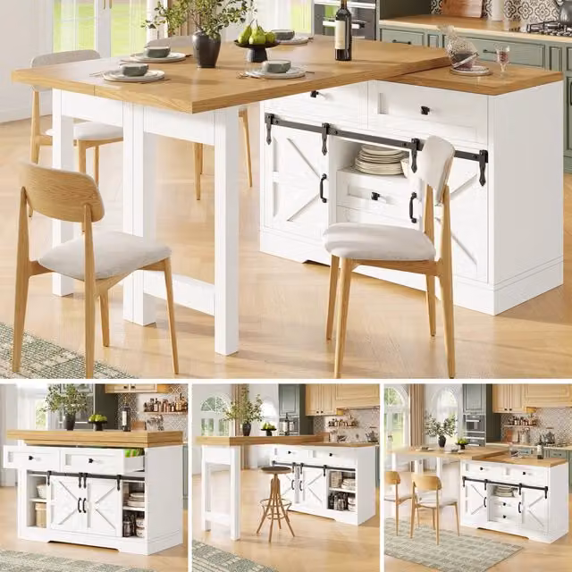 Isola Cucina Multifunzione con Tavolo da Pranzo, Armadio Laterale con Cassetti Nascosti, Pannelli Girevoli a 360°, Porta Scorrevole Stile Granaio, Design 2-in-1