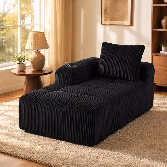 Divano compatto in velluto a coste con tasche laterali e portabevande; 158 x 93 x 61 cm; nero