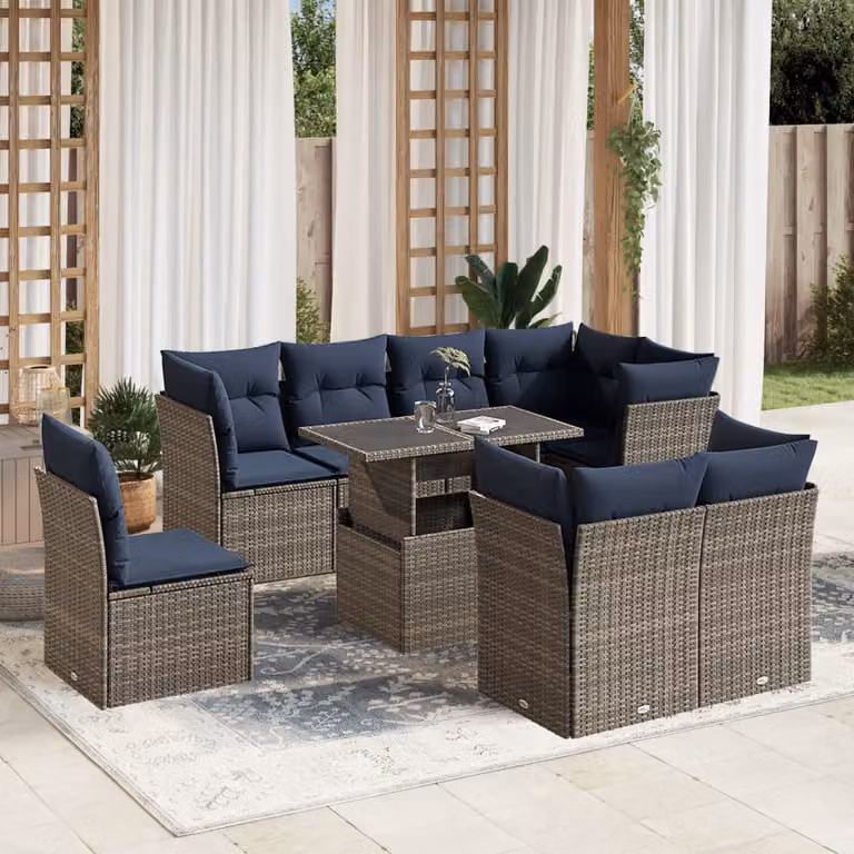 Set Divani da Giardino vidaXL 9 pz a Forma a L con Tavolino e Cuscini, Colore Grigio e Blu, Struttura in Metallo e Polyrattan