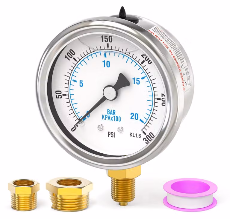 Manometro riempito con liquido, acciaio inossidabile, 0-20 bar / 0-300 psi, attacco inferiore da 1/8" BSP