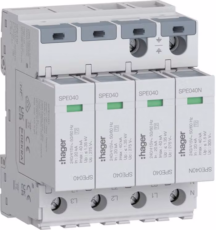Scaricatore di sovratensione Hager 4P T2 SPE440TNS/TT Uc 275 V In 20 kA Imax