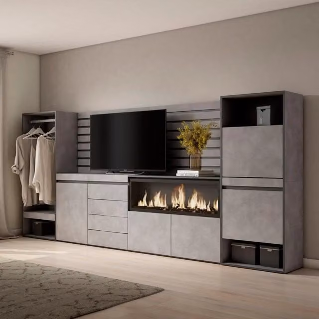 Credenza con Camino Elettrico XXL Skraut Home, Armadio Aperto e Cassettiera, Grigio Cemento, L: 334 cm, P: 35 cm, H: 145 cm – 1